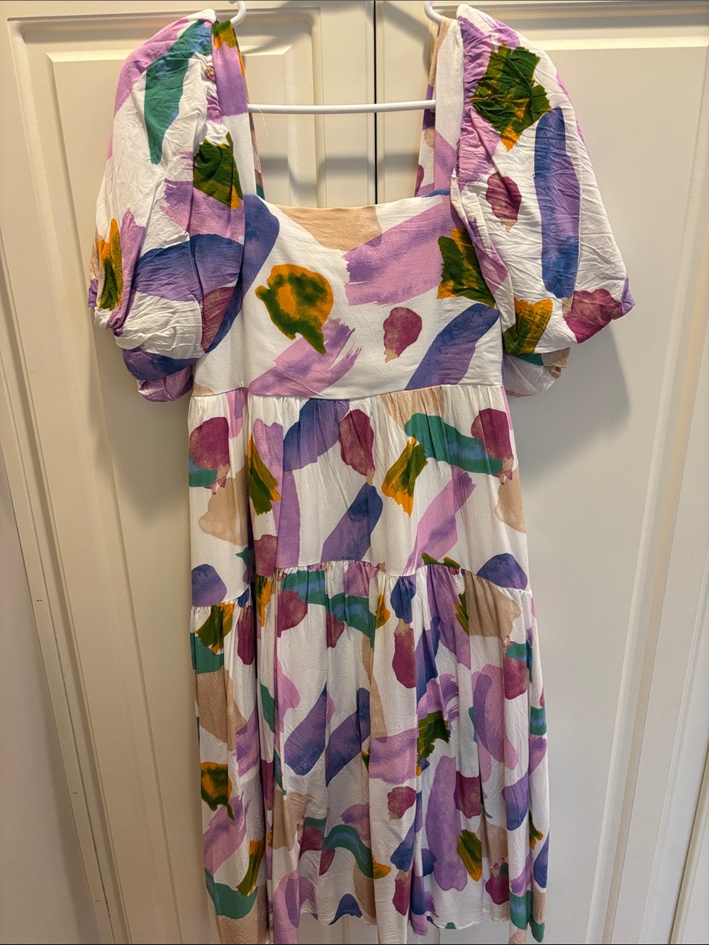 Abstract Watercolor Puff-Sleeve Midi Dress - Entro Brand - Medium